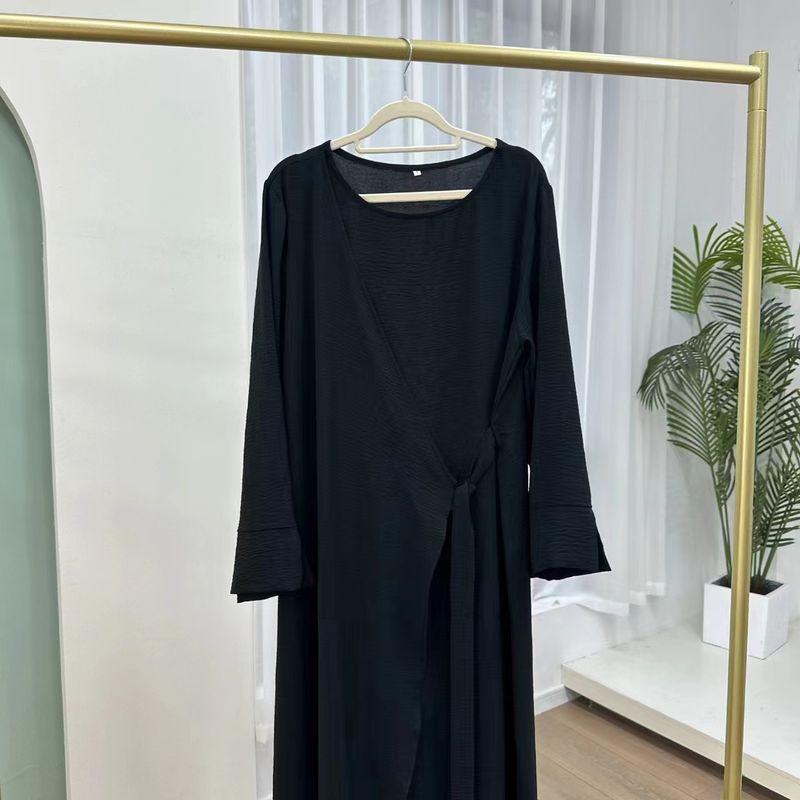 

Middle East New Solid Fashion Lace-up Robe Crew Neck Dress Solid Color Lace up Dress Black XL