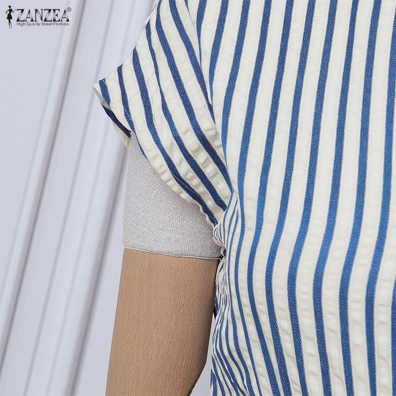 ZANZEA Rochie de vară casual pentru femei, cu gât rotund, mânecă scurtă și dungi