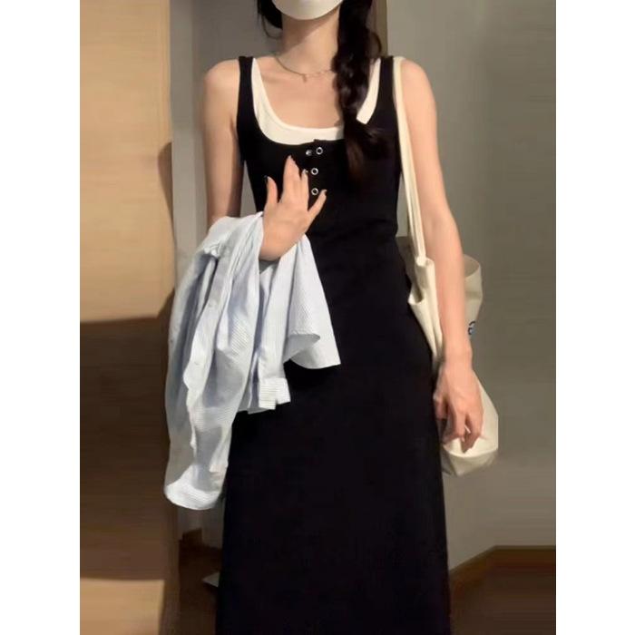 Fake two-piece black suspender dress children's summer 2026 new pear-shaped figure French temperament vest long dress