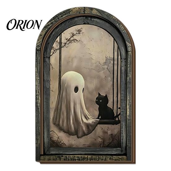 Medieval Arched Window Decor Halloween Vintage Arch Wooden Sign, Gothic Spooky Ghost Wall Hanging with Bracket, Rustic Dark Aesthetic Home Ornament