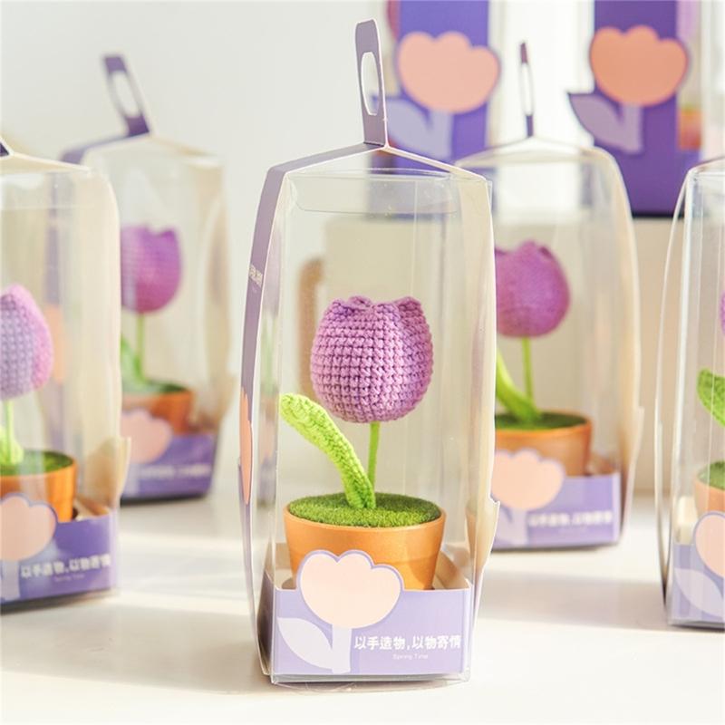 Artificial Knitted Tulips Flower Potted Hand Woven Crochet Flower Tulips Plant Desktop Ornament Home Decorations