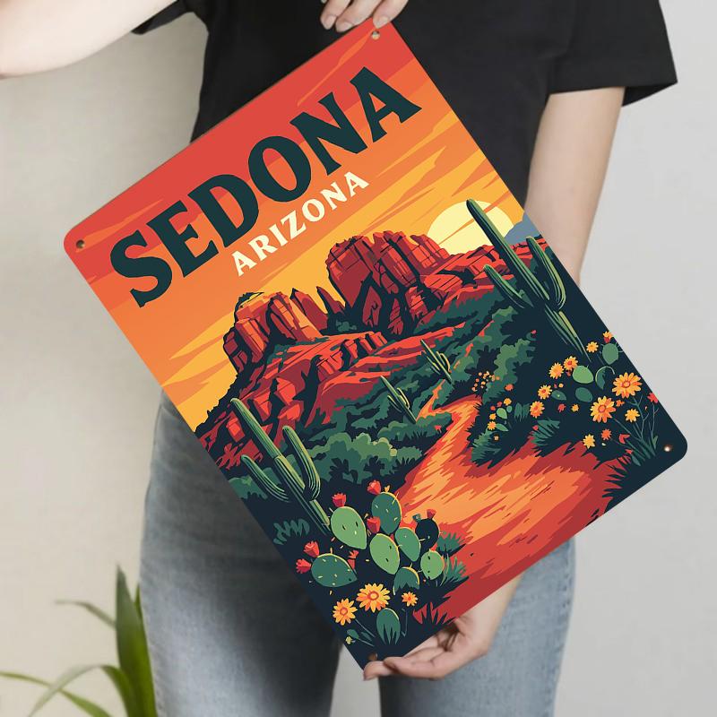 

Sedona Arizona Landscape Metal Wall Art Desert Cactus Sunset Mountain Decor for Home Living Room Decoration 20x30cm（7.8x11.8inch）