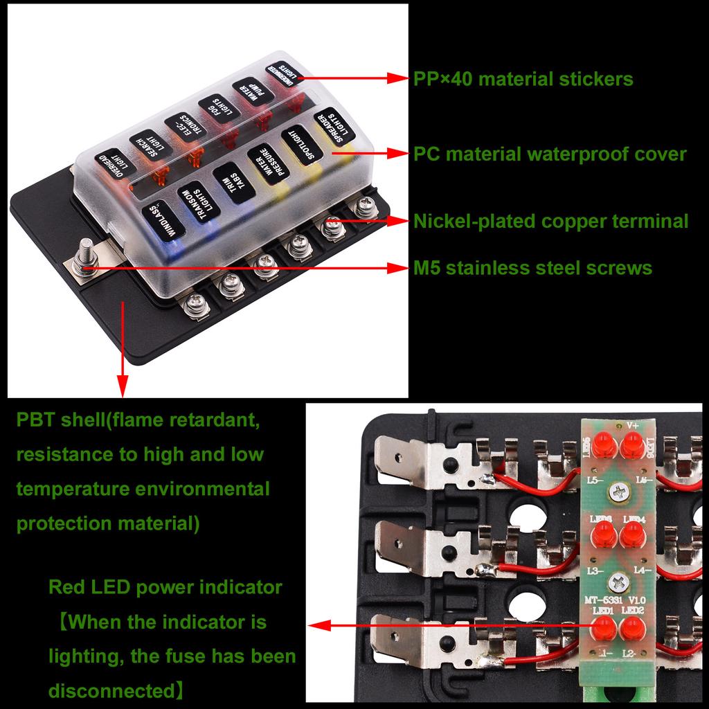 12-Way Blade Fuse Box with LED Warning Indicator Waterproof Cover for Car Boat RV