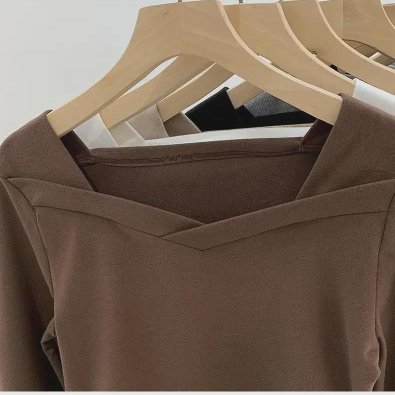 Outono/Inverno Feminino Veludo Alemão Gola Quadrada Ajustado Top Irregular