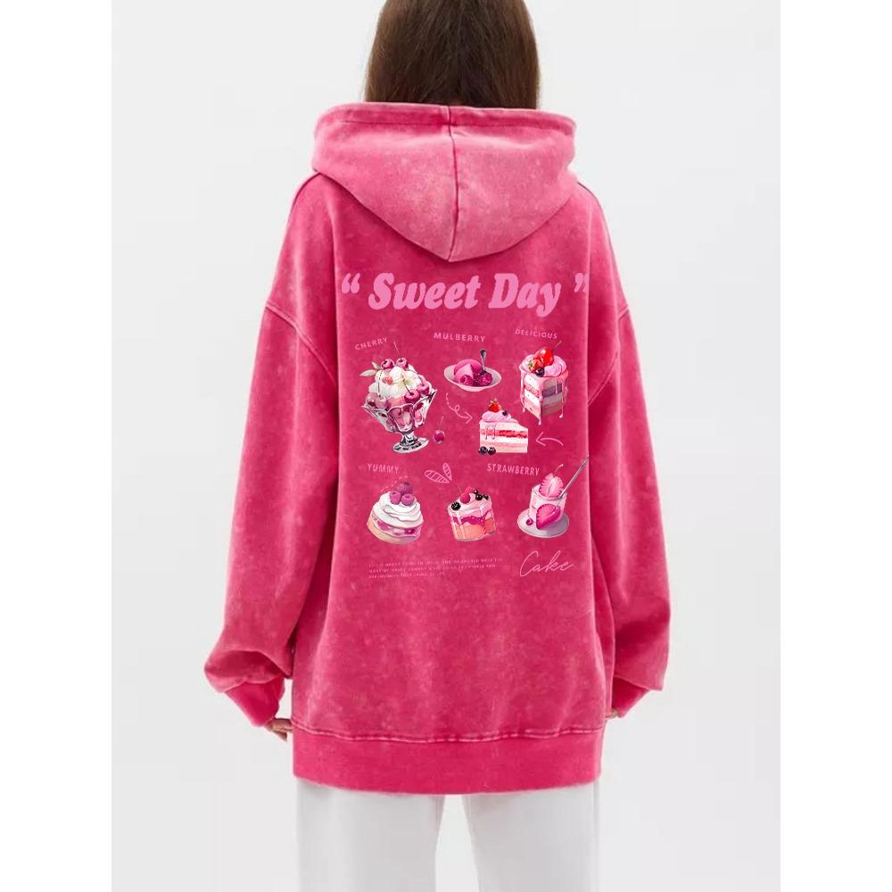 Bawełniana Damska Bluza z Kapturem Sprana Słodki Dzień Różowa Nadruk Ciasta Lodowego Streetwear Oversize Kieszeń Ciepły Sweter Ubrania