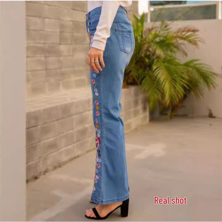 European and American Women's Slim Fit Embroidered Flared Jeans