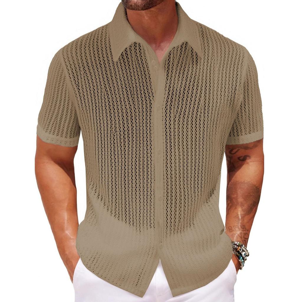 Men's Summer Sexy Hollow Shirt Summer Casual Short-sleeved Lapel Shirt