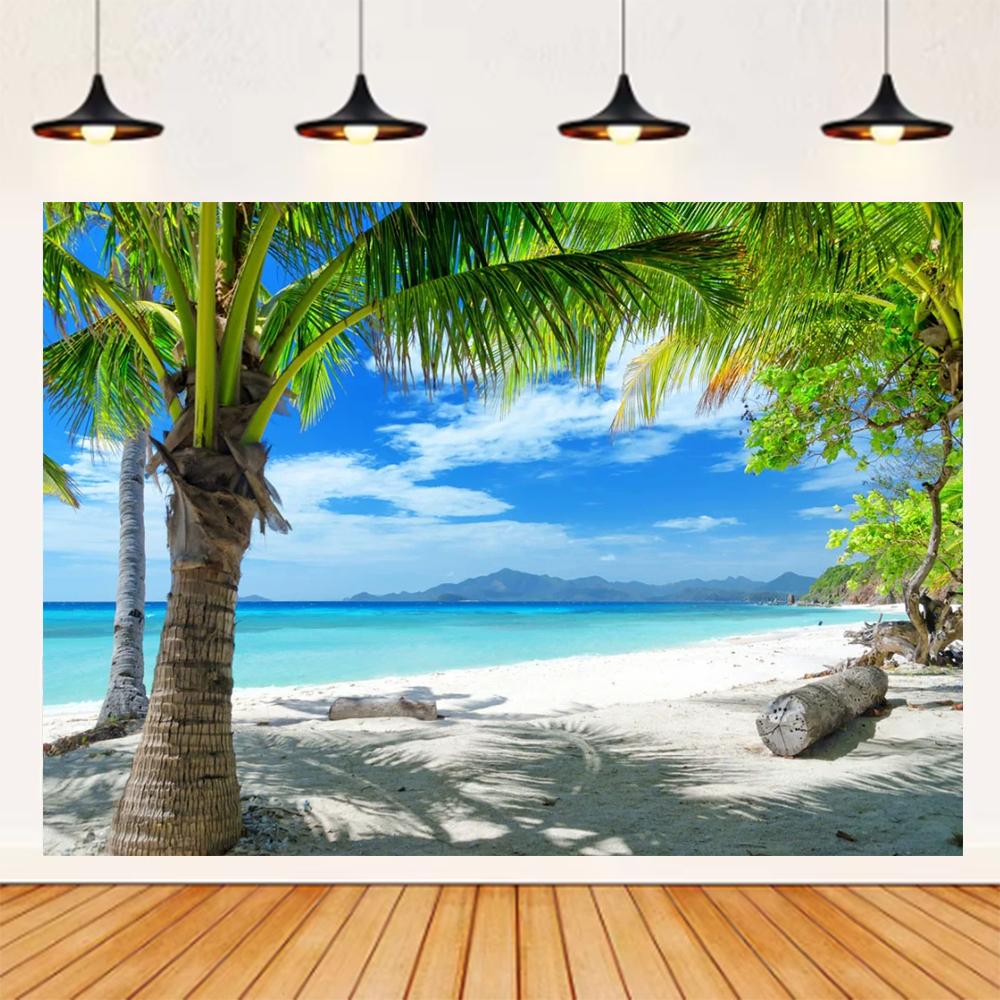 Summer Seaside Beach Theme Background Palm Tree Blue Sky Romantic Sunrise Sea Wave Photography Backdrop Supplies Party Decor