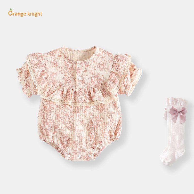 New Chinese-Style Ink Painting Design Romper for Young Girls, Fashionable and Versatile Summer Style, Exquisite One-Piece Crawling Suit