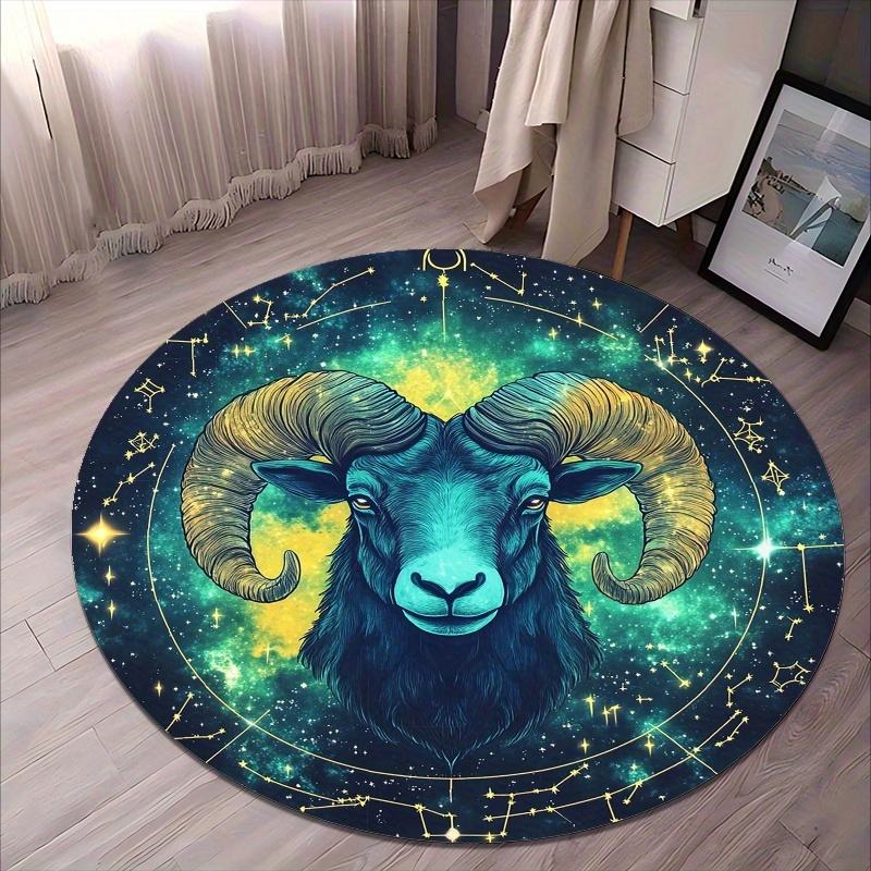 1pc Aries Zodiac Floor Mat - Non-Slip Machine Washable Mat with Aries Ram Head  for Galaxy Design In Blue, Golden, Black