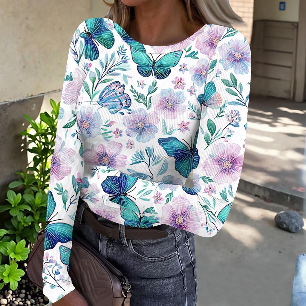 Women’s Casual Long Sleeve Crew Neck Top with Floral Print Ribbed Texture Lightweight Pullover Blouse for Everyday Wear