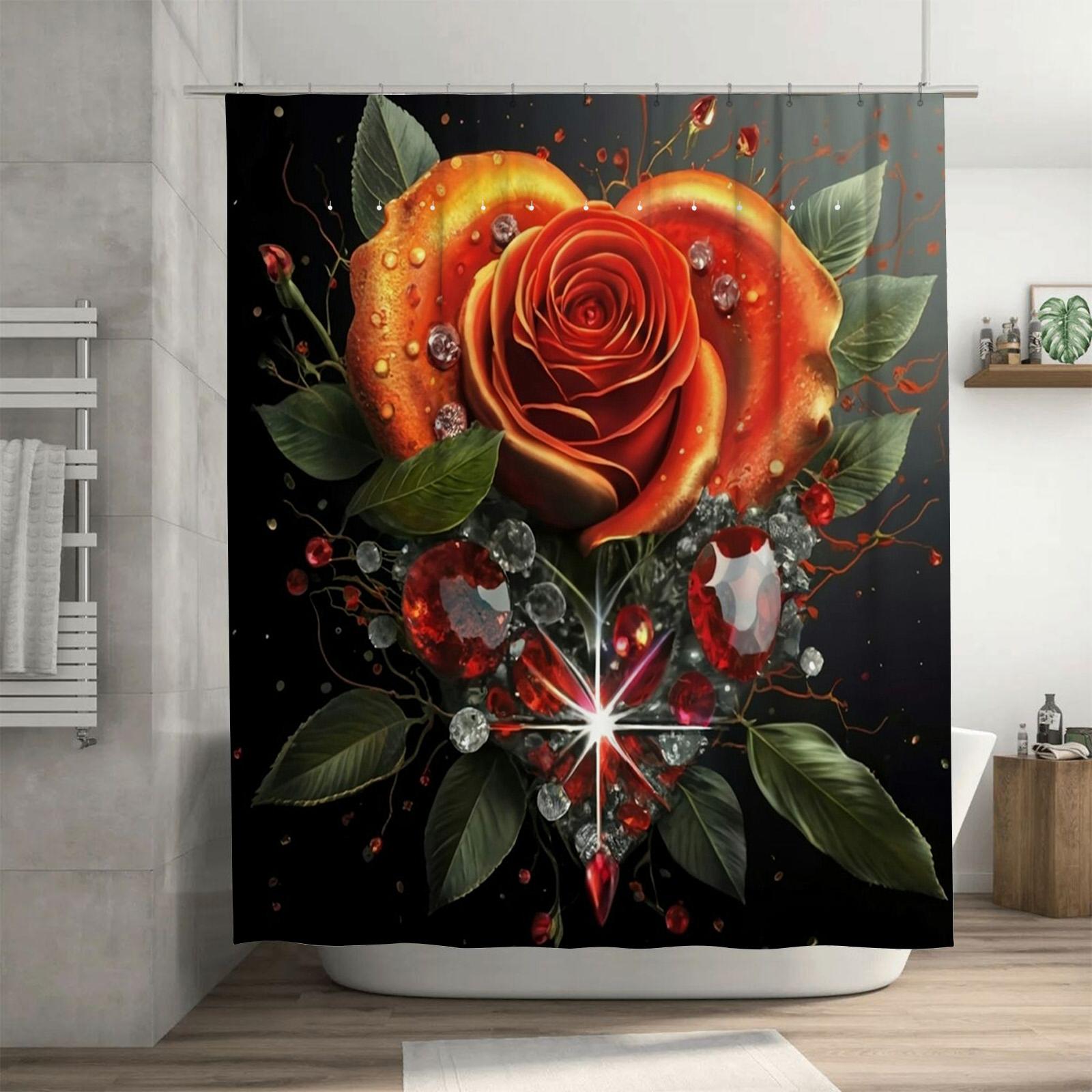 

Golden Rose Gemstone Shower Curtain - Luxurious Floral And Crystal Design For A Waterproof And Elegant Bathroom Dcor Set W60H190(CM)-1 Pcs