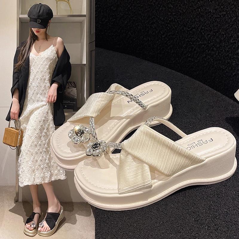 Women's Wedge Slippers Bow Rhinestones Waterproof Table Shoes for Women Dress Seaside Fairy Style Zapatillas De Mujer