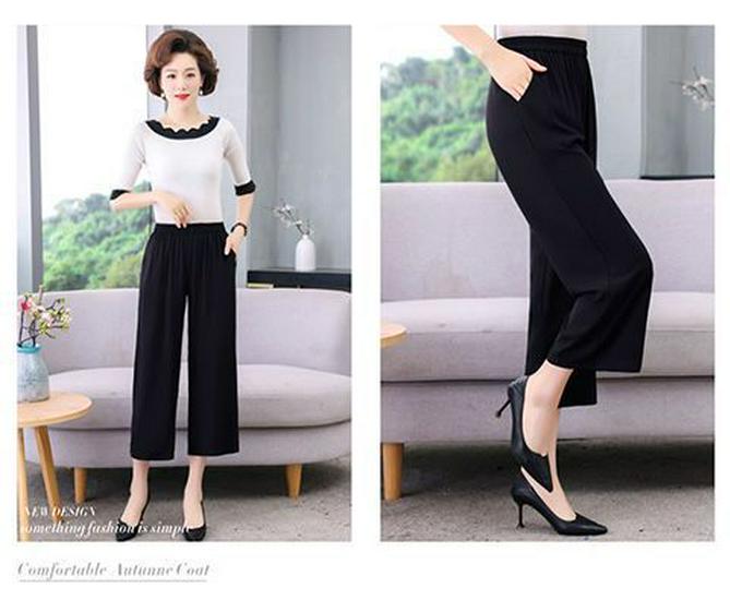 2026 Summer Solid Color Loose Straight Cropped Cotton Silk Pants for Middle-Aged and Elderly Women