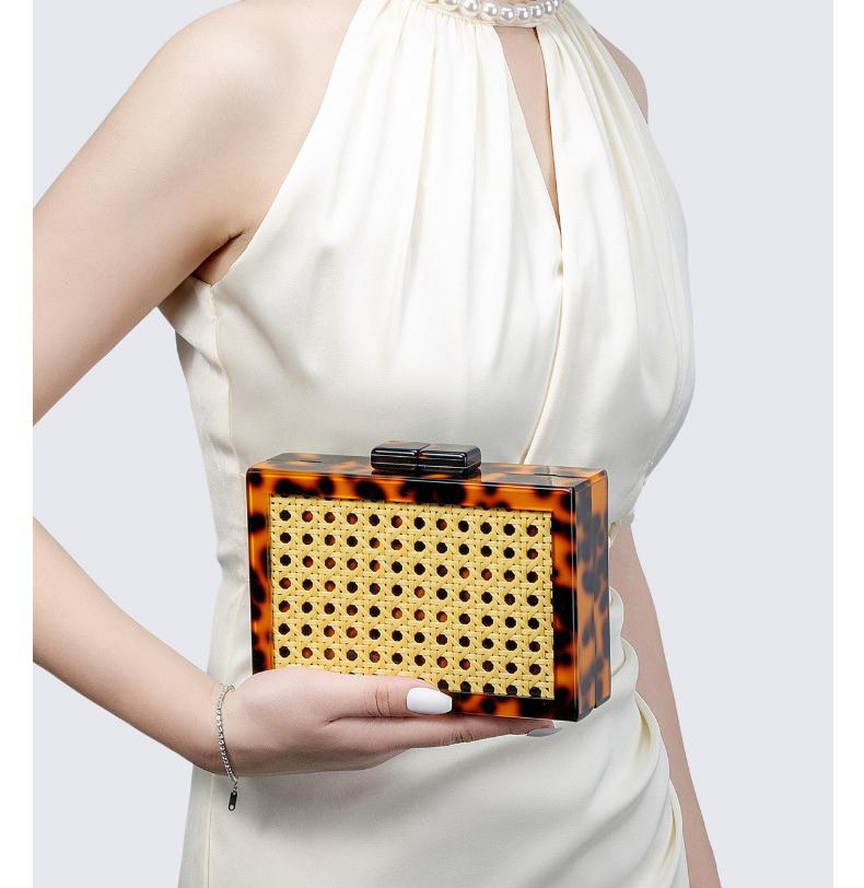 2026 New Rattan Patchwork Acrylic Evening Bag Retro Green Box Design Banquet Shoulder Clutch Bag for Women High Quality 11.5 cm