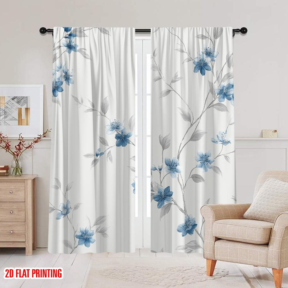 2D Flat Printing 2pcs Drapes Blue Floral Branches Watercolor 100% Polyester Fabric Without Electricity 0 Use for All Occasions
