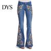 Women Mid Waist Jeans Floral Embroidery Flared Leg Button Zipper Closure with Pockets Plus Size Trousers Long for Dating Daily Wear Commuting