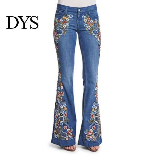 Women Mid Waist Jeans Floral Embroidery Flared Leg Button Zipper Closure with Pockets Plus Size Trousers Long for Dating Daily Wear Commuting