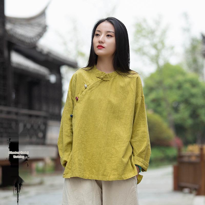 Chemise rétro pour femme printemps/été 2025 en coton lin avec col montant et design color block