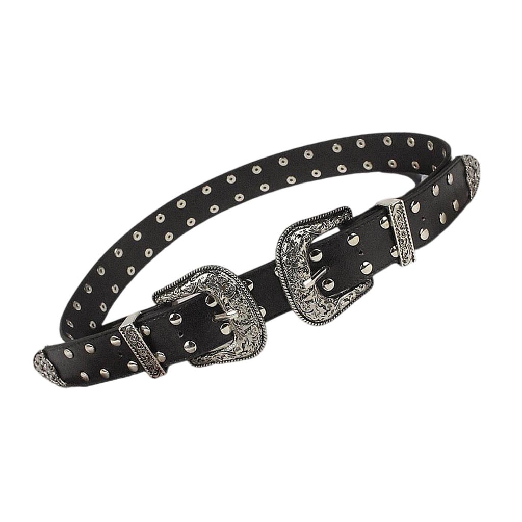 Vintage Punk Double Buckle Belt For Women Rivet Studded PU Leather Gothic Y2K Retro Style