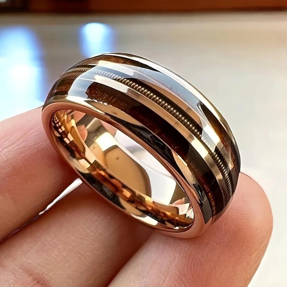 8mm Rose Gold Color Stainless Steel Guitar String Rings for Men Koa Wood Inlay Ring Whiskey Barrel Mens Wedding Band