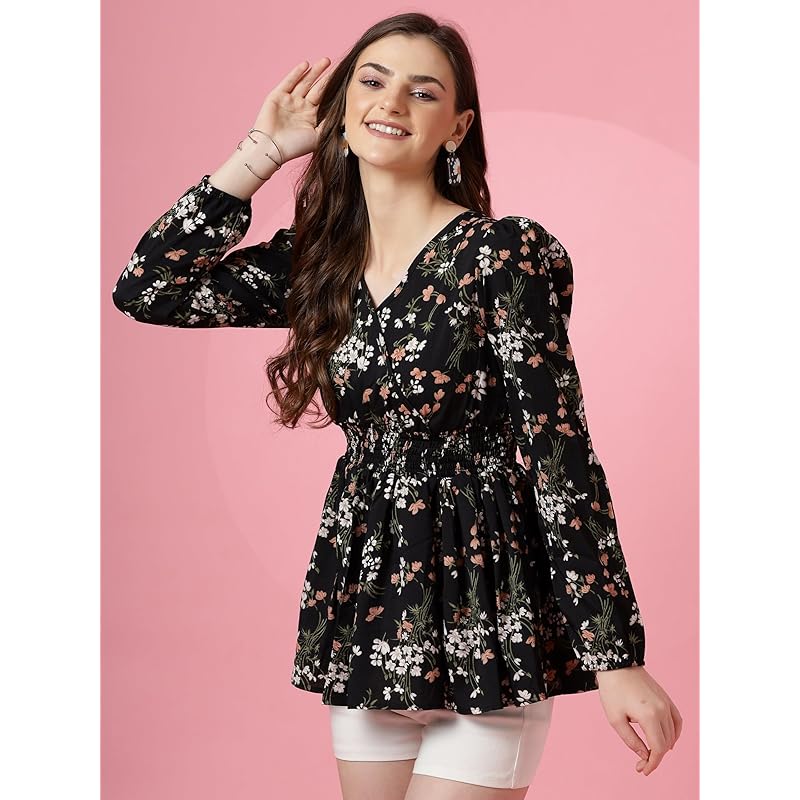 Sheetal Associates Women s Casual Puff Sleeves Floral Print Peplum Top L чёрный