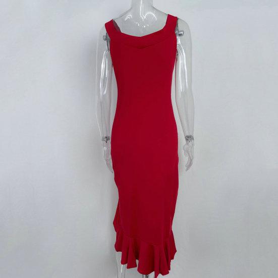 Women Prom Dress Solid Color Ruffle Split Off Shoulder Sleeveless Dress-up Slim