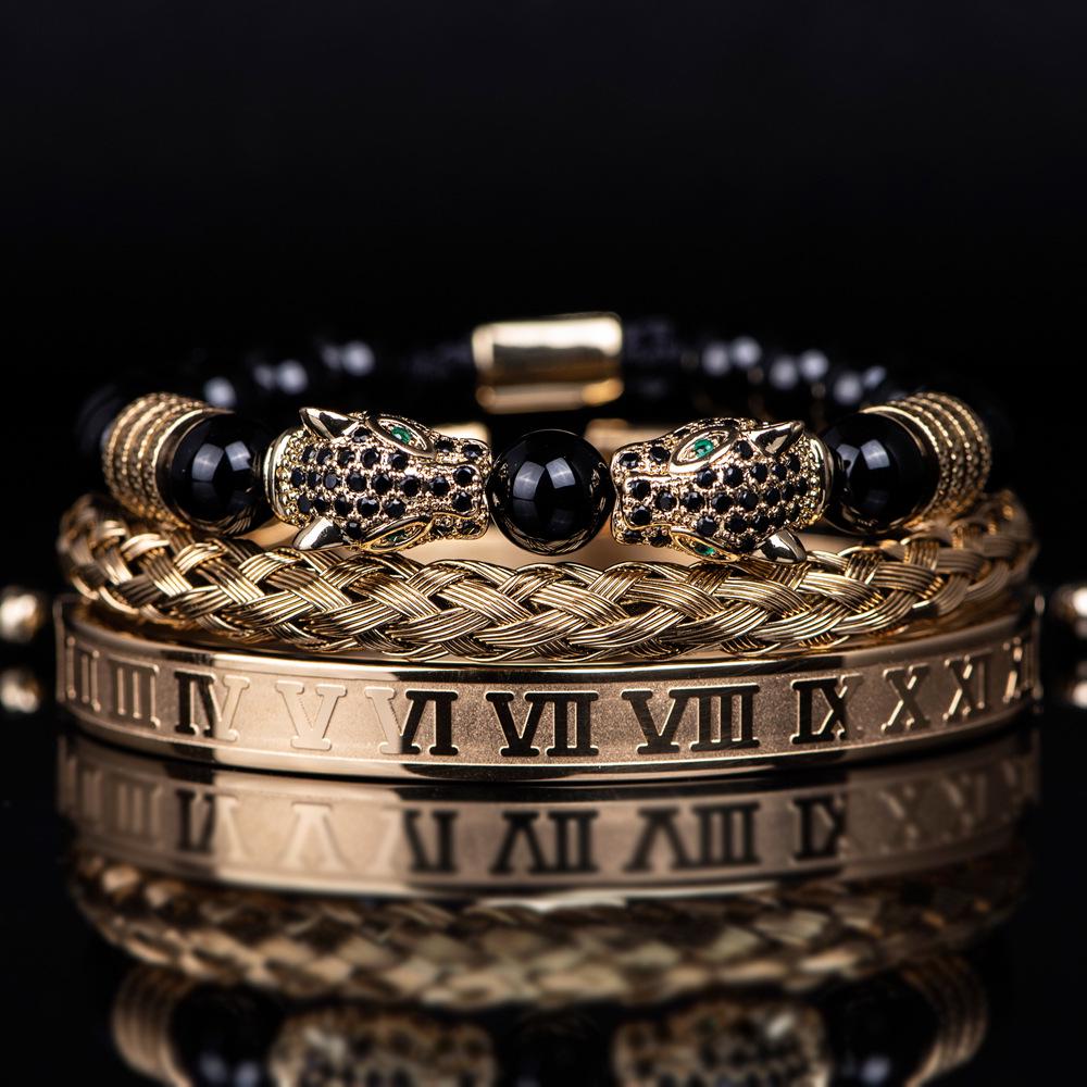 Men's Black Braided Bracelet Set with Double Leopard Heads and Roman Numerals, European & American Retro Style, Stainless Steel.