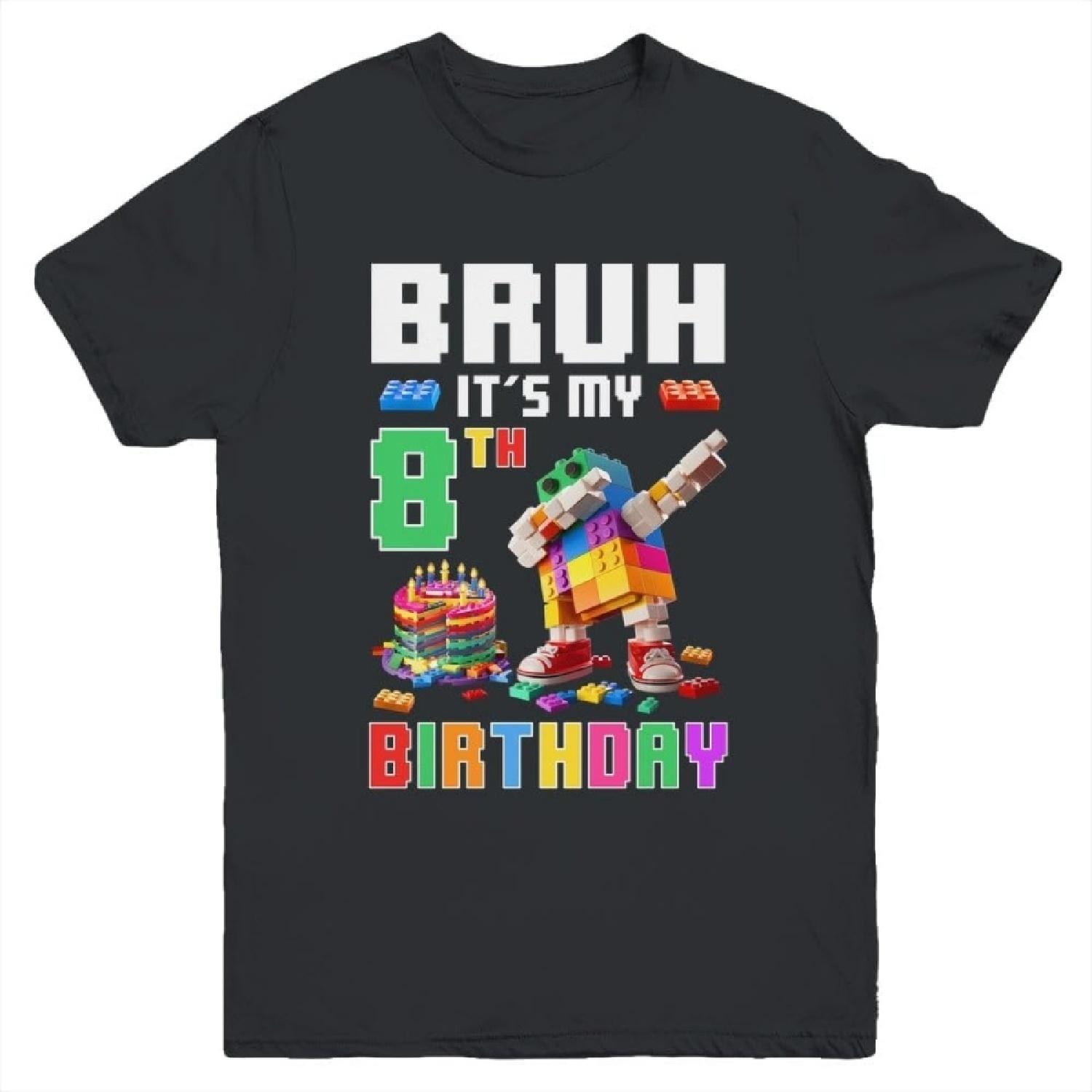 Bruh Its My 8th Birthday Master Builder Dabbing Block Brick Shirt Kid Short Sleeve Tee S