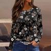 Women's Fashion Casual Slit Hem Round Neck Long Sleeve Loose  Printed T-Shirt Ladies Top
