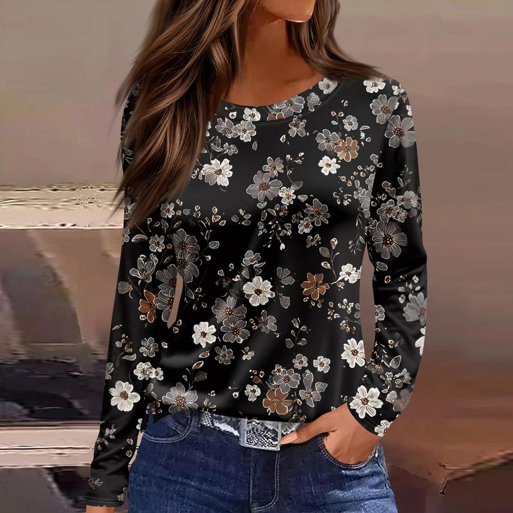 Women's Fashion Casual Slit Hem Round Neck Long Sleeve Loose  Printed T-Shirt Ladies Top