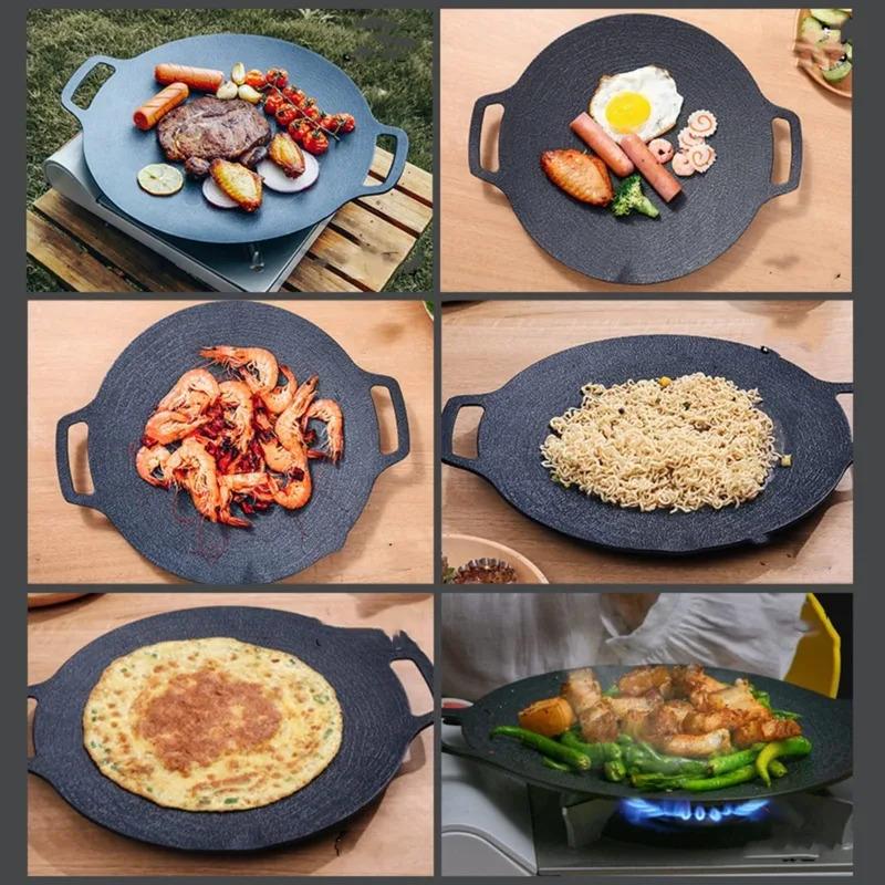 1pc Korean BBQ Grill Pan Medical Stone Coating Non-stick Marble Camping Round Griddle with Handle for Baking,Grill,BBQ