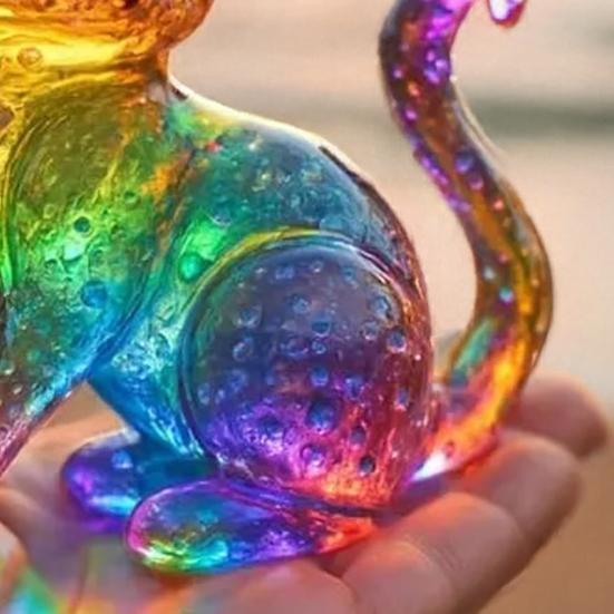 Rainbow Cat Statue Resin Colorful Translucent Cat Figurine Cute Rainbow Gradient Color Cat Ornament for Desk Bookshelf Decor Cat Lover Gifts