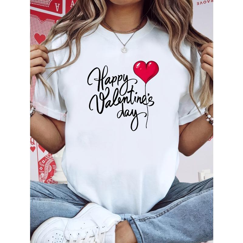 

Women s Valentine s Day T-Shirt - Happy Valentine s Day Heart Print with Red Hearts & Cursive Love Lettering - Short Sleeve Round Neck Blouse 4XL