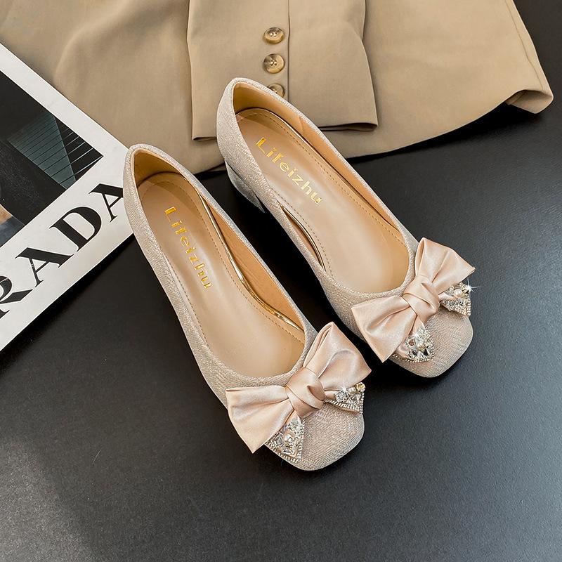 New Women Shoes Mid Heel Pumps Silk Upper Crystal Bowknot High Heel Shoes Girl Fashion Dress Shoes
