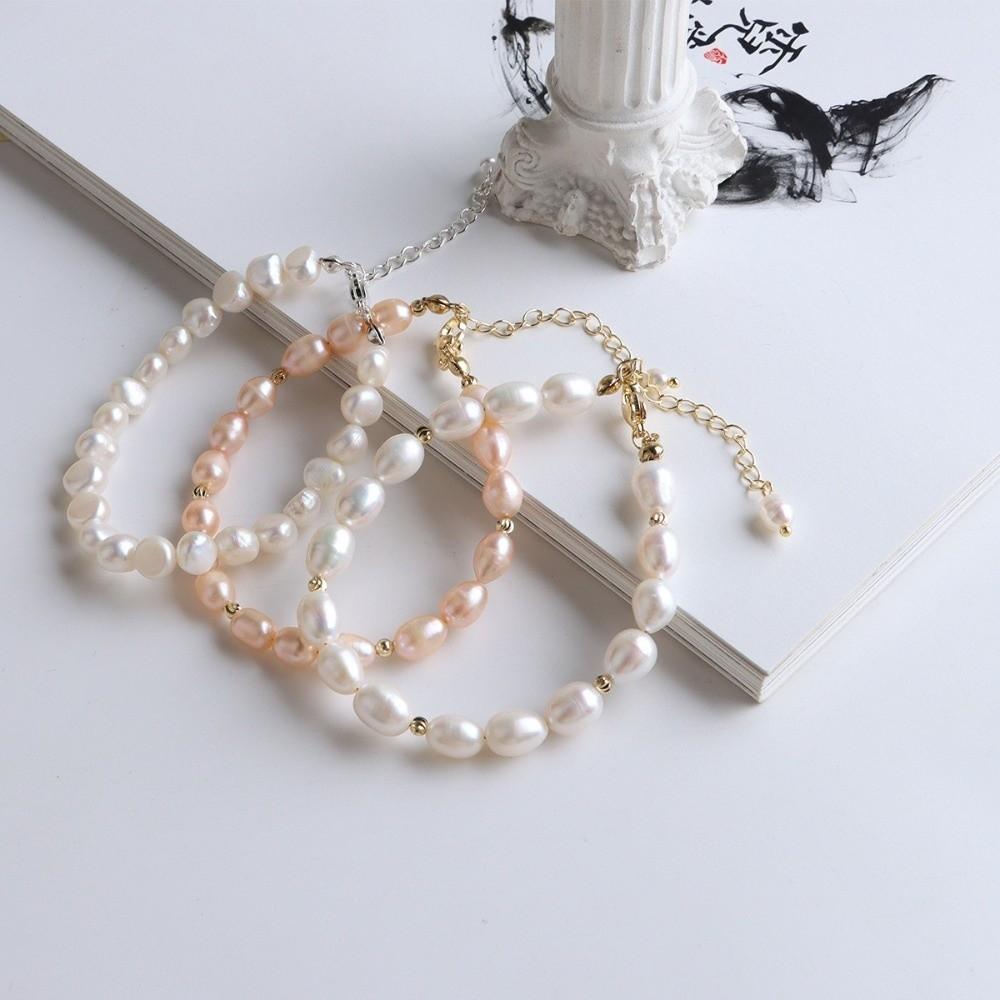 Small Rice Pearls Rice Pearl Strand Bracelets Adjustable Chain Beaded Strand Bracelets Women