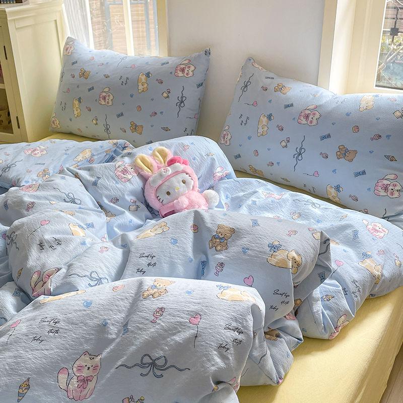 Ins Cute Blue Cat Bedding Sets 2025 New Soft Bed Sheet Set For Girls Washed Cotton Dormitory Quilt Set No Filling