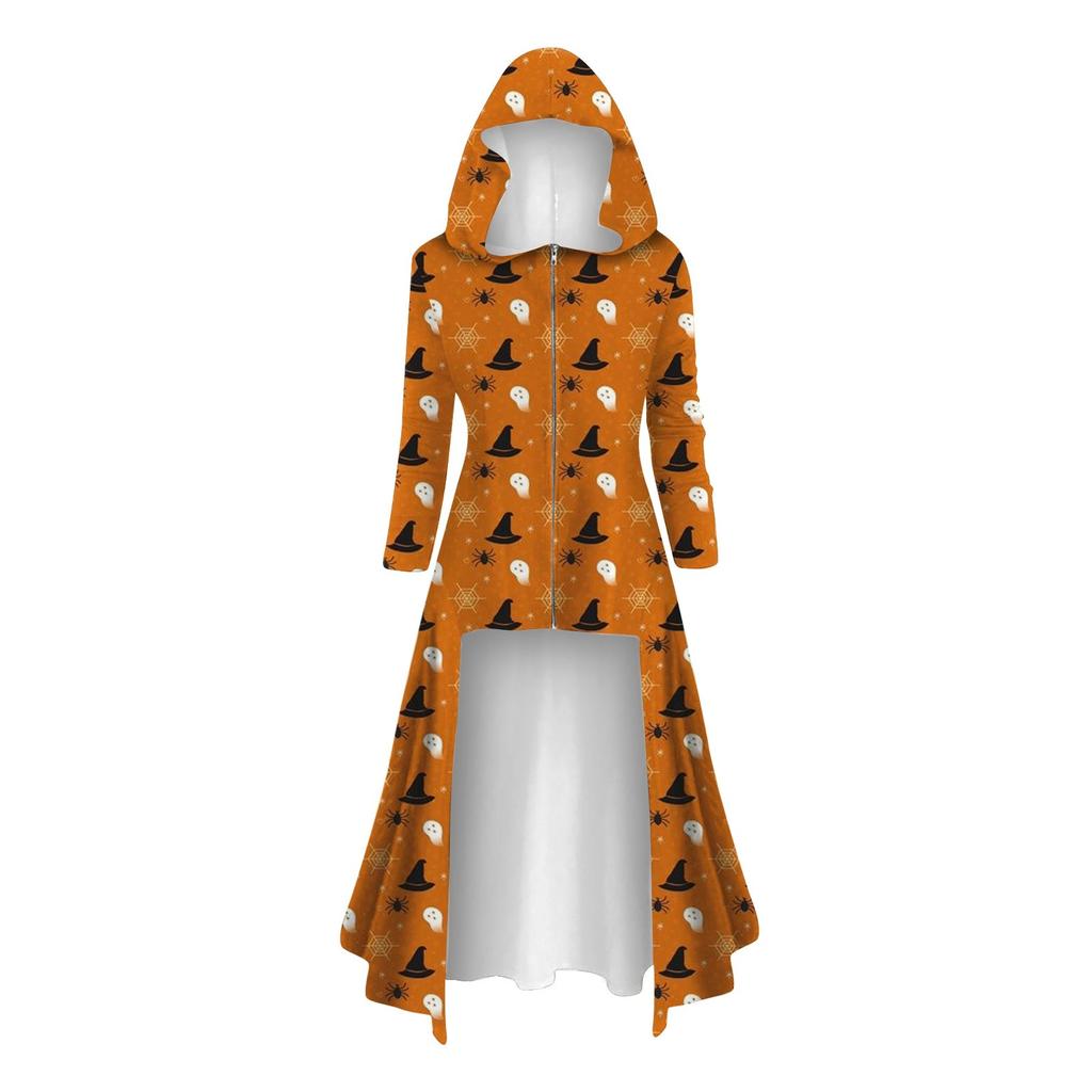 Mode Damen Tops Halloween Langarm Lange Kapuze Vintage Reißverschluss Cape Lose Kleider