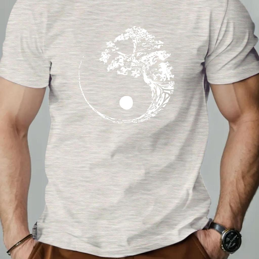 Men'S Casual Crew Neck T-Shirt with Tree Pattern  Slight Stretch Regular Fit Solid Color Men Clothing Comfortable