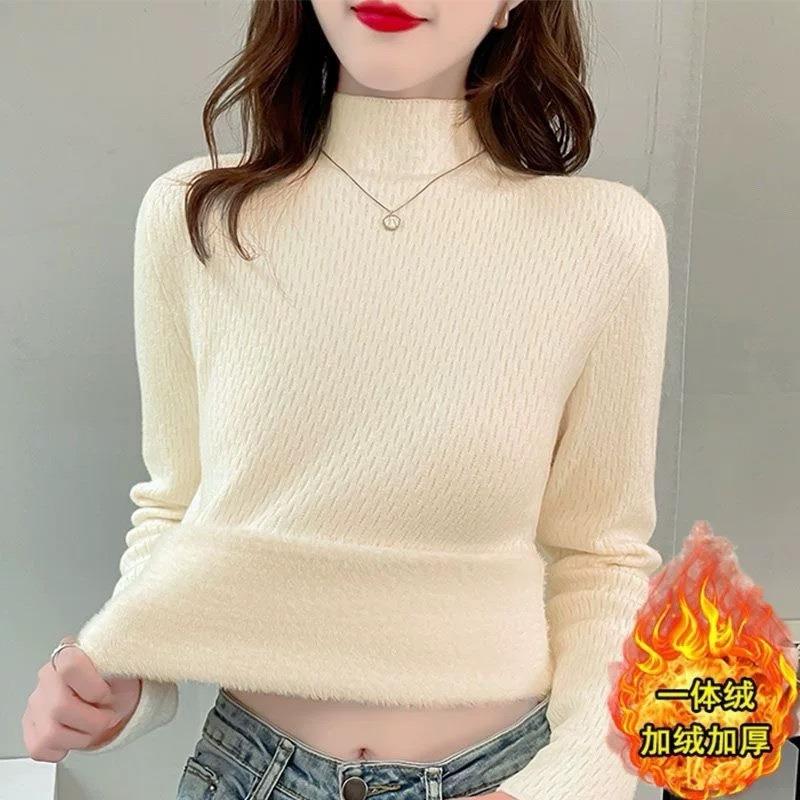 Autumn and winter fleece thickened sweater schoolgirl integrated fleece with semi-turtleneck knitted wool cashmere bottoming shirt top