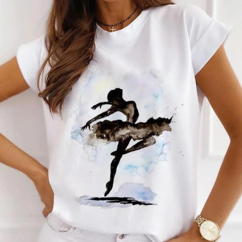 Stylish African Womens Watercolor Ballerina Girl Cute Cartoon Short Sleeve Tshirt Summer Tops Vintage Clothes Oversized Tee