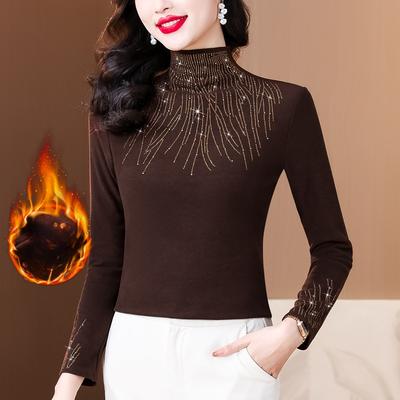 Top Cămașă de Bază cu Gât Semi-înalt cu Diamante Fierbinți pentru Femei Iarnă Nou Velur German Gaz Străin Pulover Tricou cu Mâneci Lungi