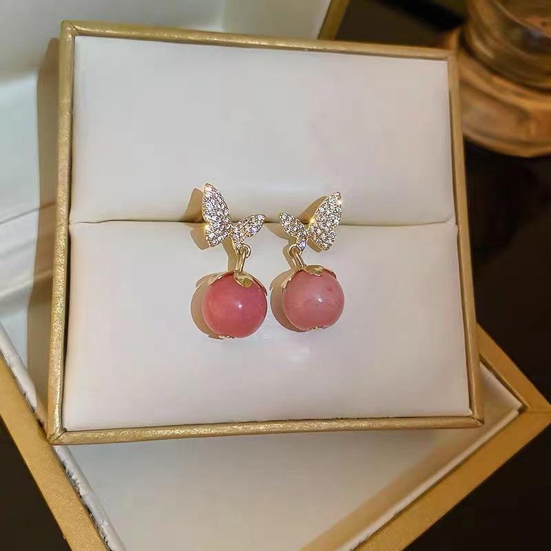 Korean Fashion Butterfly Earrings Earrings for Women Pink Opal Dangle Earrings Valentines Day Anniversary Birthday Jewelry Gift