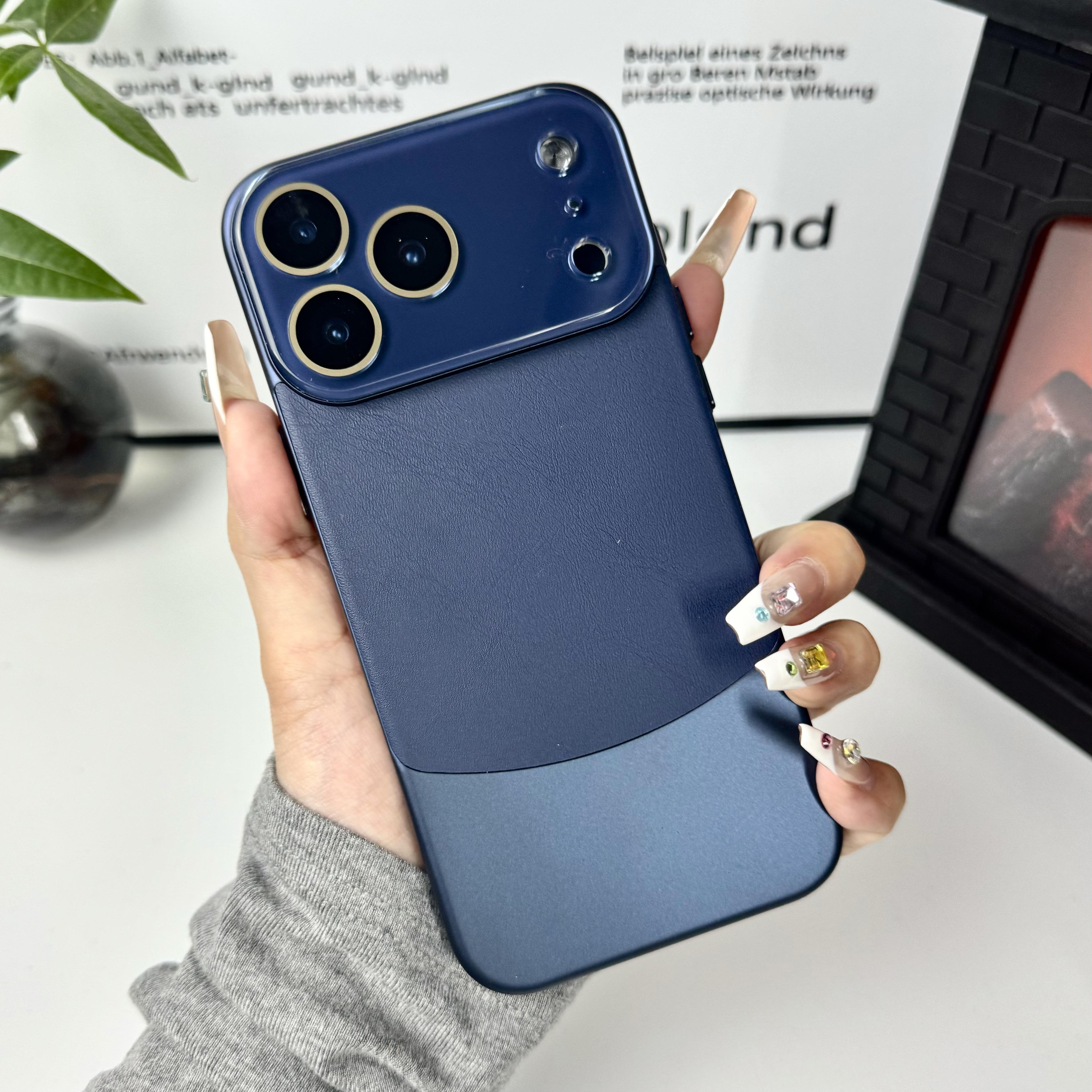 

Luxury Crystal Lens Protect Case For iPhone Air 17 16 15 14 13 12 11 Pro Max Plus Splicing Leather Texture Rugged PC Armor Cover iPhone 13 Pro тёмно-синий