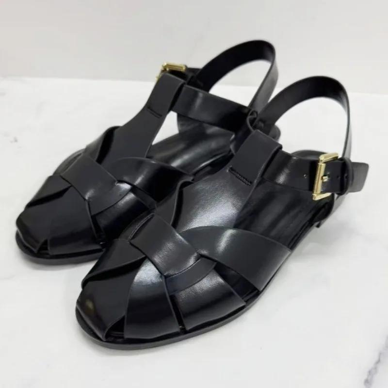 

Замшеві плетені сандалі Жіночі Ретро Металева пряжка Гладиатори Ажурні Модні Пласкі Пляжні туфлі Жіночі Zapatos De Mujer 42 чорний