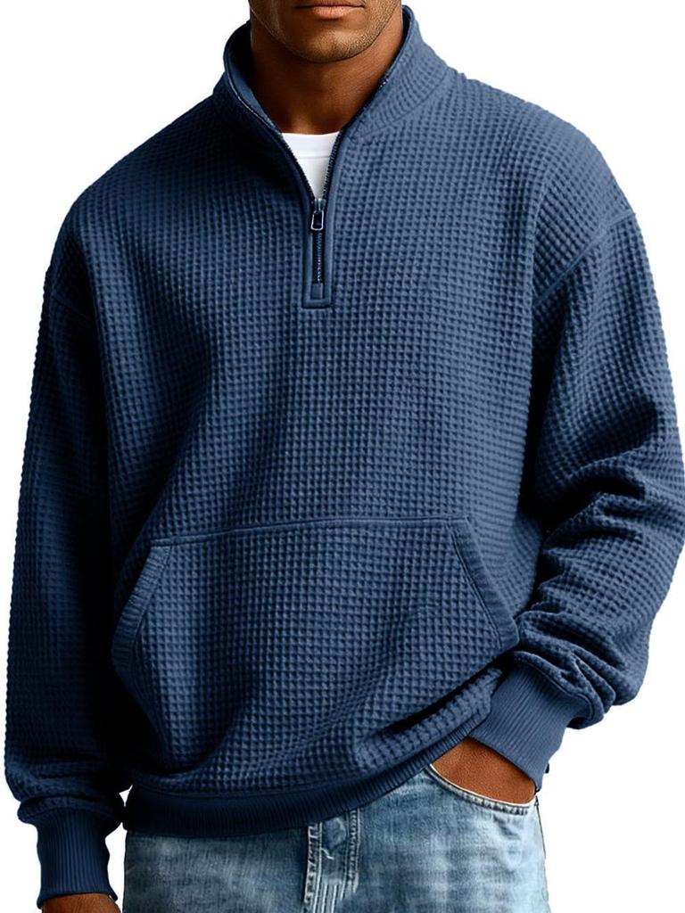 Men's American-Style Zipper Waffle Knit Hoodie - Solid Color, Loose Fit