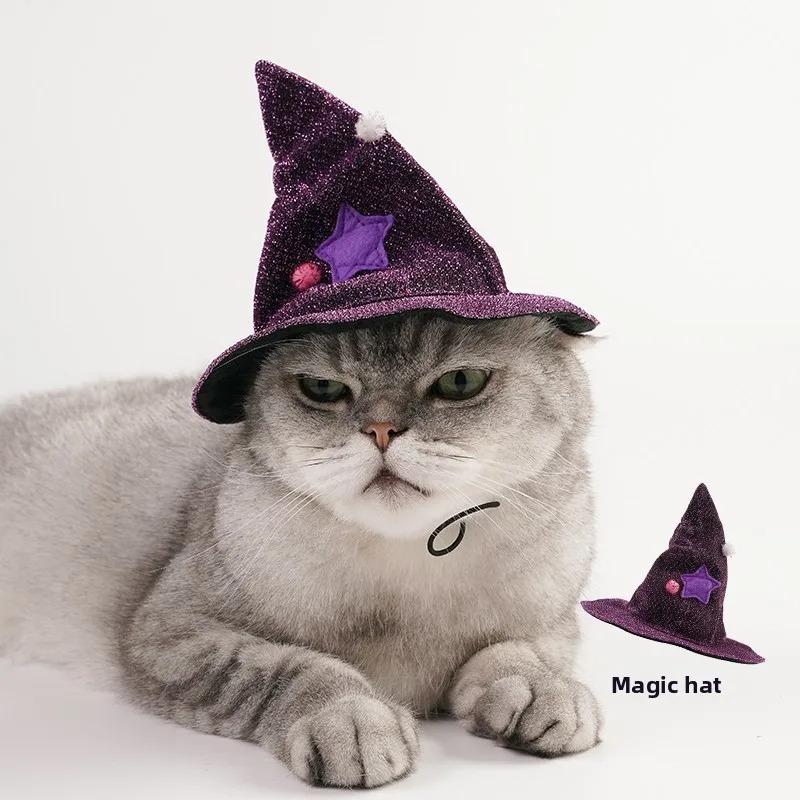 Lustiges Stern Katze Hexe Kostüm Set Lila Umhang Weicher Hut für Hunde Katzen Halloween Haustier Cosplay Party Sternenklar Lila Haustier Hexe Outfit