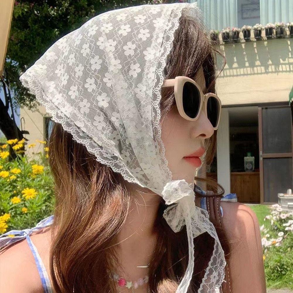 Embroidered Lace Triangle Headscarf Hollow-out Pastoral Style Hair Scarf Wraps Woven Floral White Lace Skirt Hair Accessories