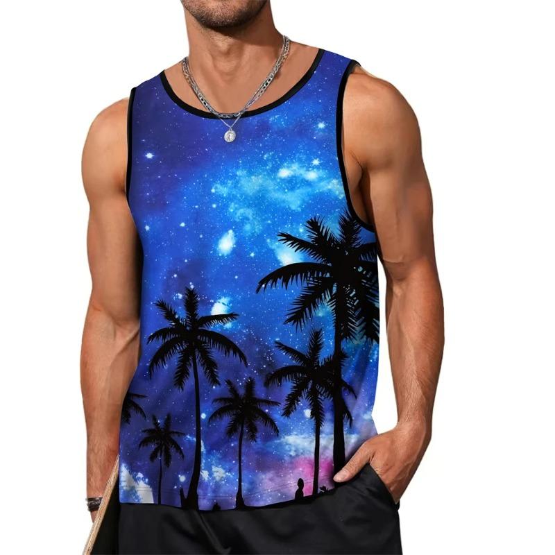 Summer Round Neck 3D Tropical Palm Tree Printed Top Fashionable Casual Sleeveless Women's Tank Tops