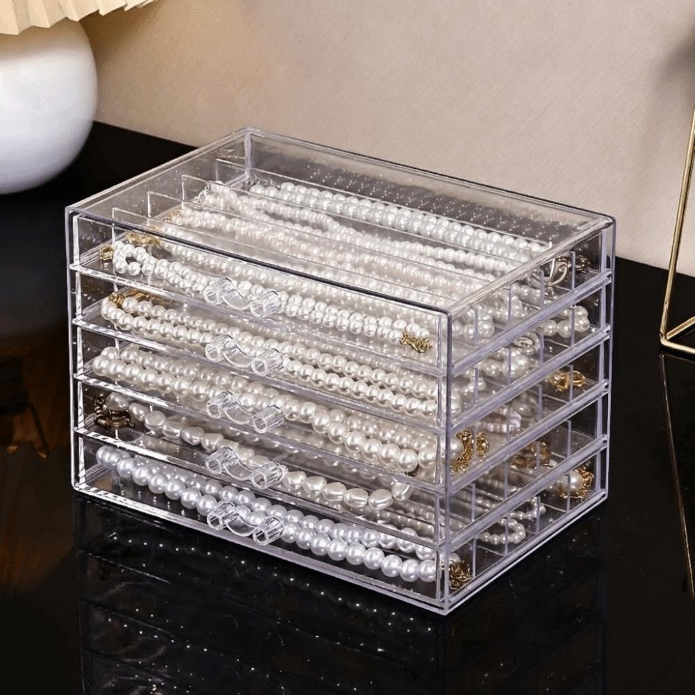 Průhledný úložný box na náhrdelníky, 3/5 vrstvý, prachotěsný zásuvkový organizér na šperky pro ženy